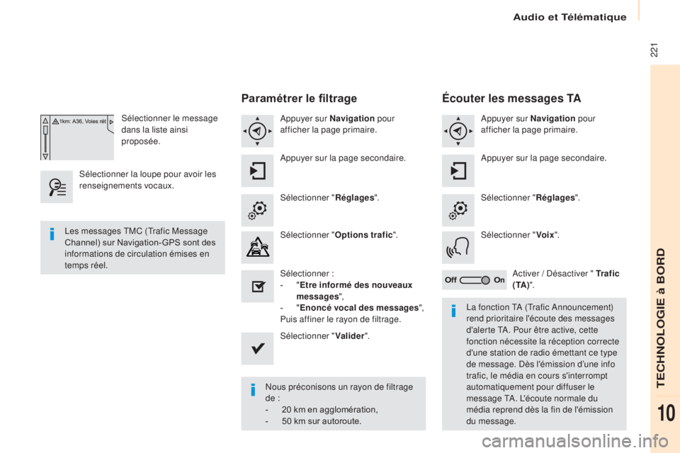 CITROEN BERLINGO MULTISPACE 2017  Notices Demploi (in French)  221
Sélectionner le message 
dans la liste ainsi 
proposée.
Sélectionner la loupe pour avoir les 
renseignements vocaux.
Paramétrer le filtrage
Appuyer sur Navigation  pour 
afficher la page prim