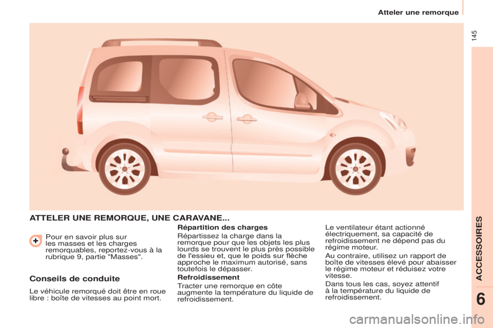 CITROEN BERLINGO MULTISPACE 2015  Notices Demploi (in French)  145
Pour en savoir plus sur 
les masses et les charges 
remorquables, reportez-vous à la 
rubrique 9, partie "Masses".
ATTELER  UNE   REMORQUE ,  UNE   CARAVANE ...
Répartition des charges
