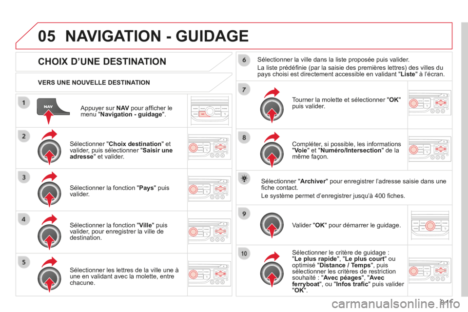 CITROEN BERLINGO MULTISPACE 2014 Notices Demploi (in French) 9.11
05
Appuyer sur N AV pour affi cher le menu " Navigation - guidage " .
VERS UNE NOUVELLE DESTINATION
NAVIGATION - GUIDAGE
CHOIX D’UNE DESTINATION
Sélecti CITROEN BERLINGO MULTISPACE 2014 Notices Demploi (in French) 9.11
05
Appuyer sur N AV pour affi cher le menu " Navigation - guidage " .
VERS UNE NOUVELLE DESTINATION
NAVIGATION - GUIDAGE
CHOIX D’UNE DESTINATION
Sélecti