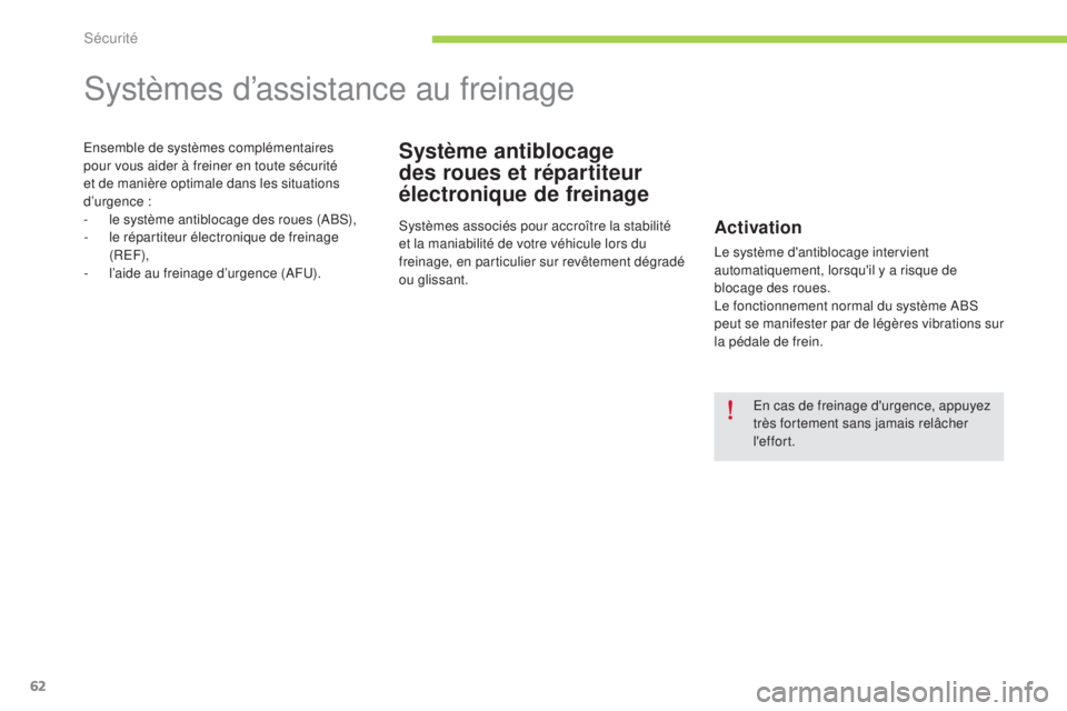CITROEN C-ZERO 2016  Notices Demploi (in French) 62
systèmes d’assistance au freinage
Système antiblocage 
des roues et répartiteur 
électronique de freinageensemble de systèmes complémentaires 
pour vous aider à freiner en toute sécurité