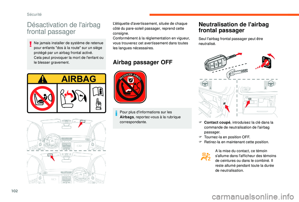 CITROEN C3 2019  Notices Demploi (in French) 102
Désactivation de l'airbag 
frontal passager
Ne jamais installer de système de retenue 
pour enfants "dos à la route" sur un siège 
protégé par un airbag frontal activé.
Cela peu