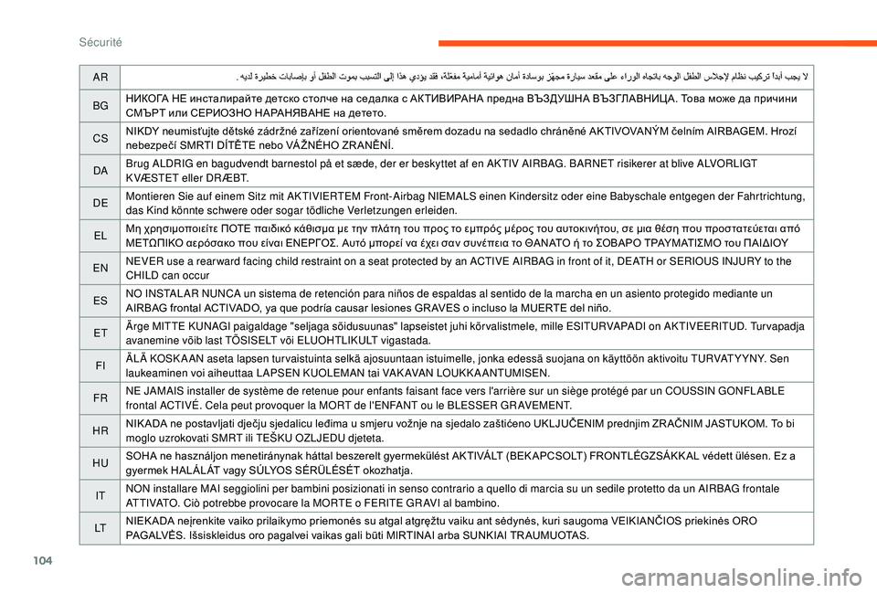 CITROEN C3 2019  Notices Demploi (in French) 104
AR
BG НИКОГА НЕ инсталирайте детско столче на седалка с АКТИВИРАНА предна ВЪЗДУШНА ВЪЗГЛАВНИЦА. Това може да 