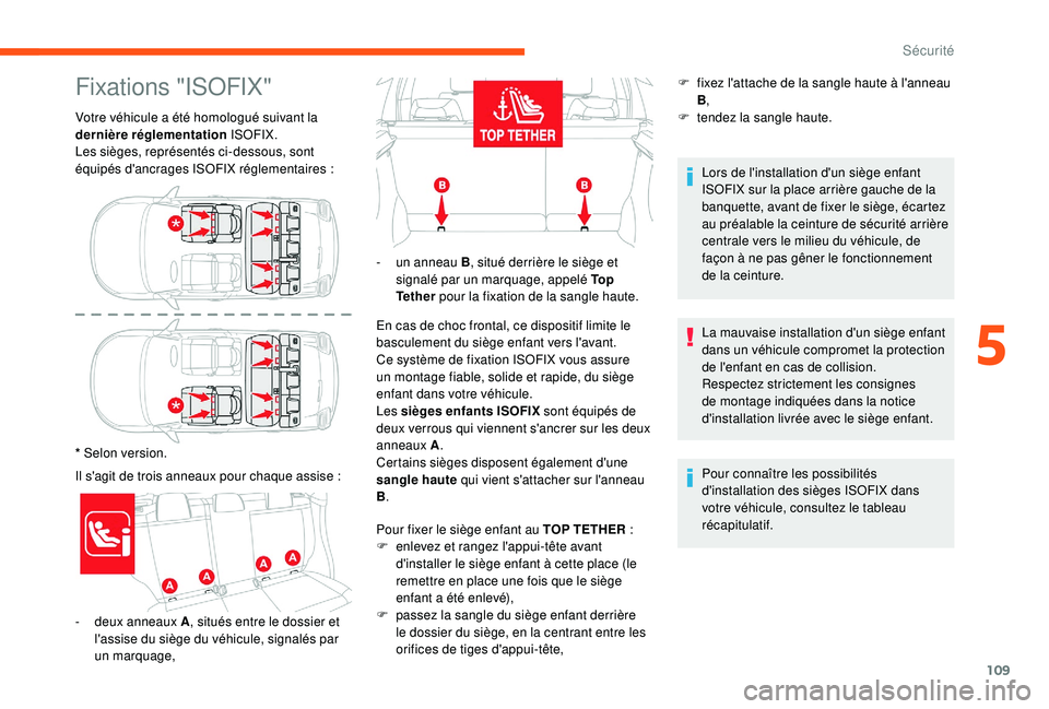CITROEN C3 2019  Notices Demploi (in French) 109
Fixations "ISOFIX"
Votre véhicule a été homologué suivant la 
dernière réglementation ISOFIX.
Les sièges, représentés ci-dessous, sont 
équipés d'ancrages ISOFIX réglementa