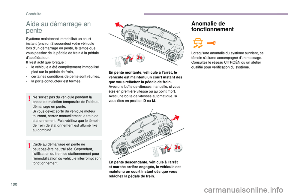 CITROEN C3 2019  Notices Demploi (in French) 130
Aide au démarrage en 
pente
Système maintenant immobilisé un court 
instant (environ 2  secondes) votre véhicule 
lors d'un démarrage en pente, le temps que 
vous passiez de la pédale de