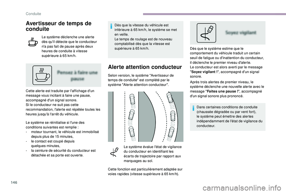 CITROEN C3 2019  Notices Demploi (in French) 146
Avertisseur de temps de 
conduite
Le système déclenche une alerte 
dès qu'il détecte que le conducteur 
n'a pas fait de pause après deux 
heures de conduite à vitesse 
supérieure à