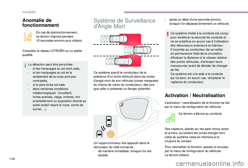 CITROEN C3 2019  Notices Demploi (in French) 148
Anomalie de 
fonctionnement
En cas de dysfonctionnement, 
ce témoin clignote pendant 
10  secondes environ puis s'éteint.
Consultez le réseau CITROËN ou un atelier 
qualifié. La détectio