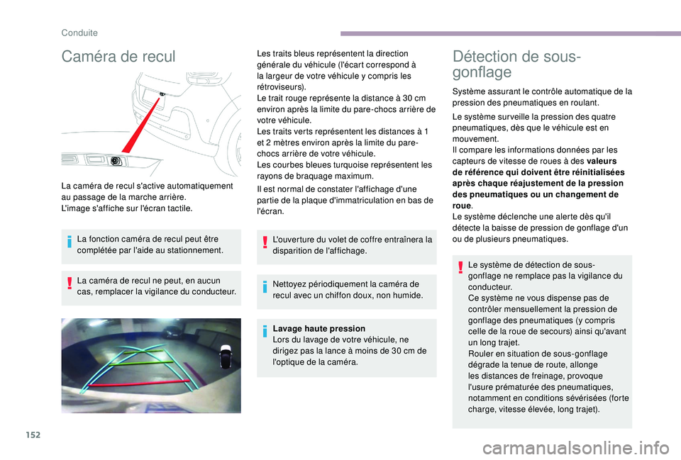CITROEN C3 2019  Notices Demploi (in French) 152
Caméra de recul
La caméra de recul s'active automatiquement 
au passage de la marche arrière.
L'image s'affiche sur l'écran tactile.La fonction caméra de recul peut être 
com