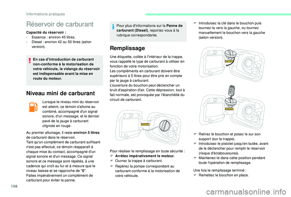 CITROEN C3 2019  Notices Demploi (in French) 158
Réservoir de carburant
Capacité du réservoir :
-  E ssence   : environ 45   litres.
-
 
D
 iesel   : environ 42 ou 50   litres (selon 
ve r s i o n).
En cas d'introduction de carburant 
non