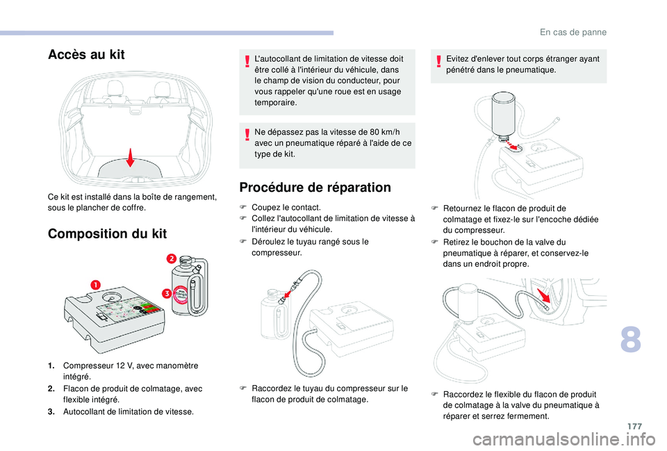 CITROEN C3 2019  Notices Demploi (in French) 177
Accès au kit
Ce kit est installé dans la boîte de rangement, 
sous le plancher de coffre.
Composition du kit
1.Compresseur 12   V, avec manomètre 
intégré.
2. Flacon de produit de colmatage,