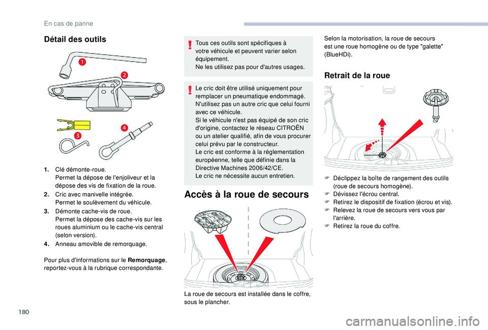 CITROEN C3 2019  Notices Demploi (in French) 180
Détail des outilsTous ces outils sont spécifiques à 
votre véhicule et peuvent varier selon 
équipement.
Ne les utilisez pas pour d'autres usages.
Le cric doit être utilisé uniquement p