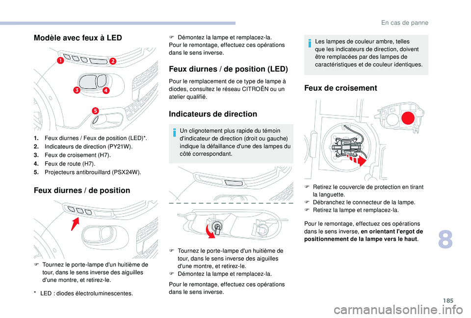 CITROEN C3 2019  Notices Demploi (in French) 185
Modèle avec feux à LED
Feux diurnes  / de position
1.Feux diurnes   / Feux de position (LED)*.
2. Indicateurs de direction (PY21W).
3. Feux de croisement (H7).
4. Feux de route (H7).
5. Projecte