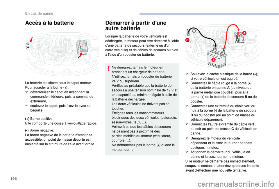 CITROEN C3 2019  Notices Demploi (in French) 196
Ne démarrez jamais le moteur en 
branchant un chargeur de batterie.
N'utilisez jamais un booster de batterie 
24  V ou supérieur.
Vérifiez au préalable que la batterie de 
secours a une te