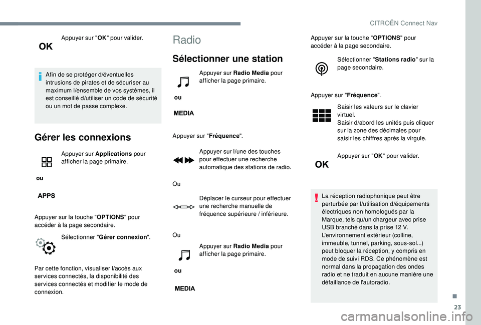 CITROEN C3 2019  Notices Demploi (in French) 23
Appuyer sur "OK" pour valider.
Afin de se protéger d
/é
 ventuelles 
intrusions de pirates et de sécuriser au 
maximum l
/e

nsemble de vos systèmes, il 
est conseillé d
/u

tiliser un