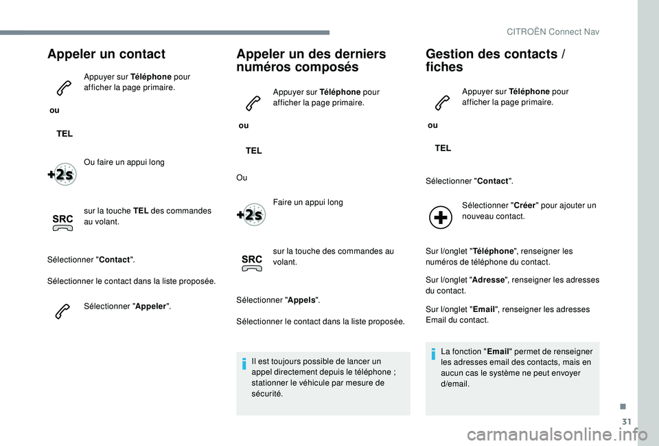 CITROEN C3 2019  Notices Demploi (in French) 31
Appeler un contact
 ou Appuyer sur Téléphone
 pour 
afficher la page primaire.
Ou faire un appui long
sur la touche TEL  des commandes 
au volant.
Sélectionner " Contact".
Sélectionner 