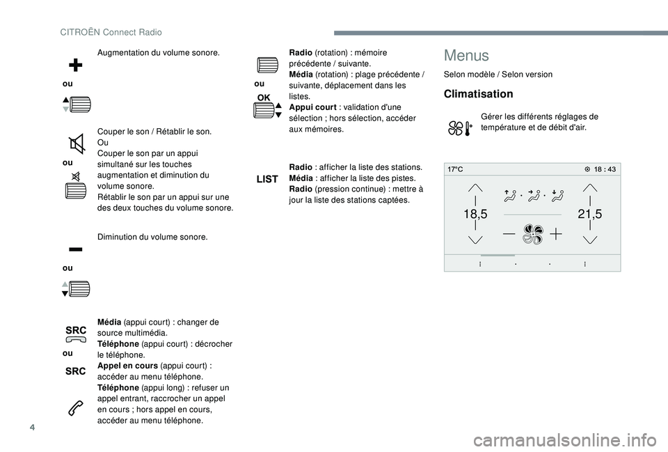 CITROEN C3 2019  Notices Demploi (in French) 4
21,518,5
 ou Augmentation du volume sonore.
 ou  Couper le son
  / Rétablir le son.
Ou
Couper le son par un appui 
simultané sur les touches 
augmentation et diminution du 
volume sonore.
Rétabli