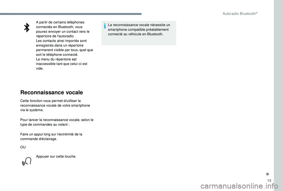 CITROEN C3 2019  Notices Demploi (in French) 15
A partir de certains téléphones 
connectés en Bluetooth, vous 
pouvez envoyer un contact vers le 
répertoire de l'autoradio.
Les contacts ainsi importés sont 
enregistrés dans un réperto