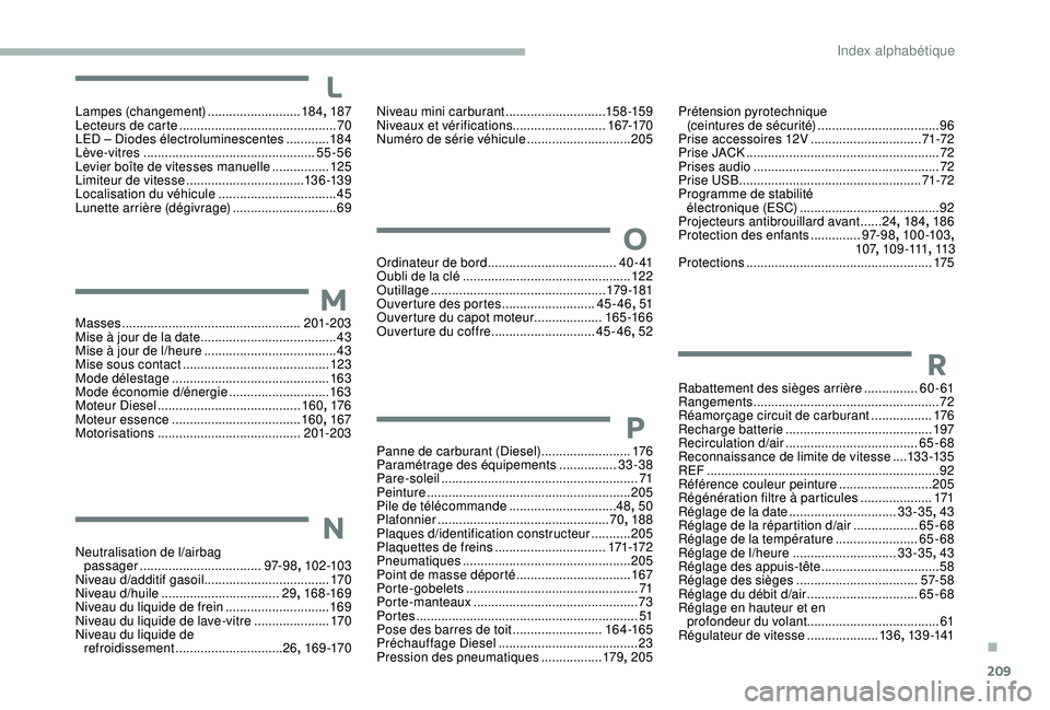 CITROEN C3 2019  Notices Demploi (in French) 209
Masses .................................................. 201-203
Mise à jour de la date   ...................................... 43
Mise à jour de l
/h

eure  
.................................