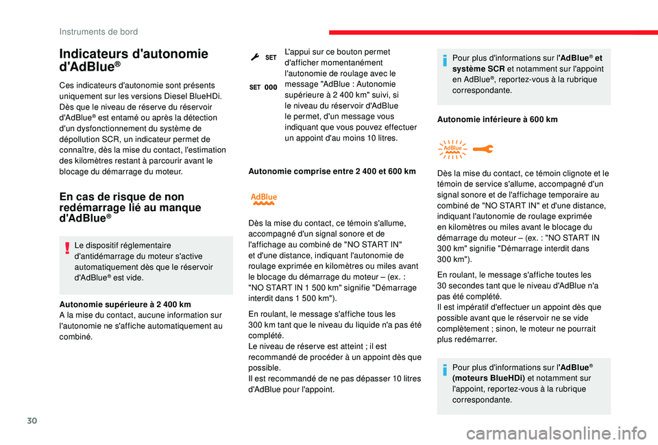 CITROEN C3 2019  Notices Demploi (in French) 30
Indicateurs d'autonomie 
d'AdBlue®
Ces indicateurs d'autonomie sont présents 
uniquement sur les versions Diesel BlueHDi.
Dès que le niveau de réser ve du réser voir 
d'AdBlue

