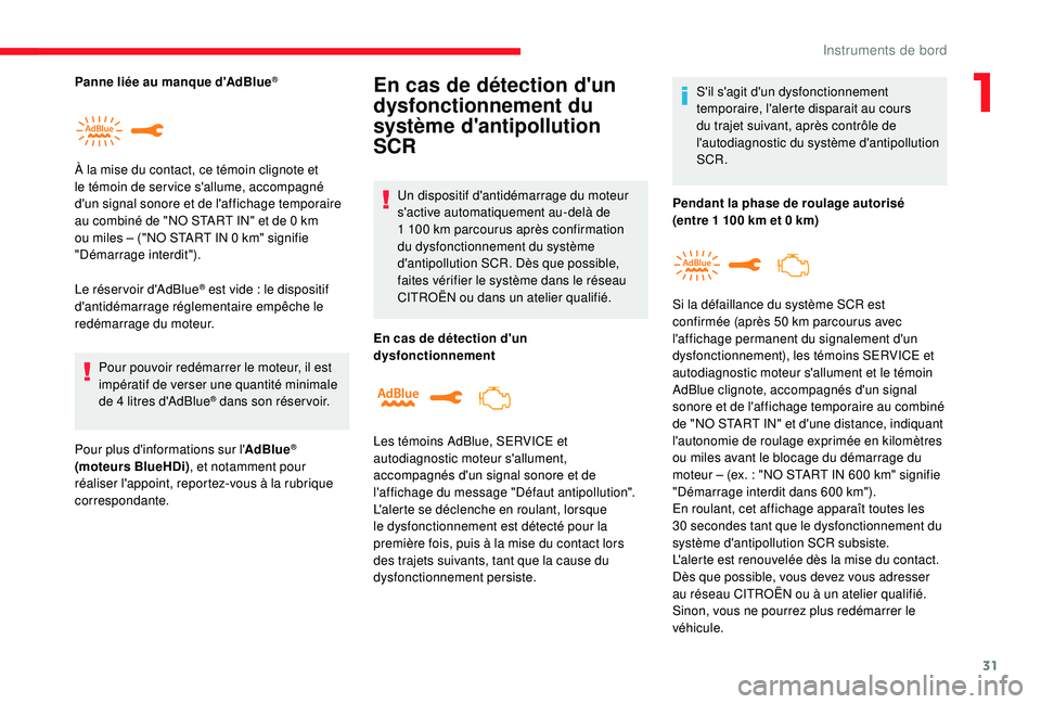 CITROEN C3 2019  Notices Demploi (in French) 31
Le réser voir d'AdBlue® est vide : le dispositif 
d
'antidémarrage réglementaire empêche le 
redémarrage du moteur.
Pour pouvoir redémarrer le moteur, il est 
impératif de verser un