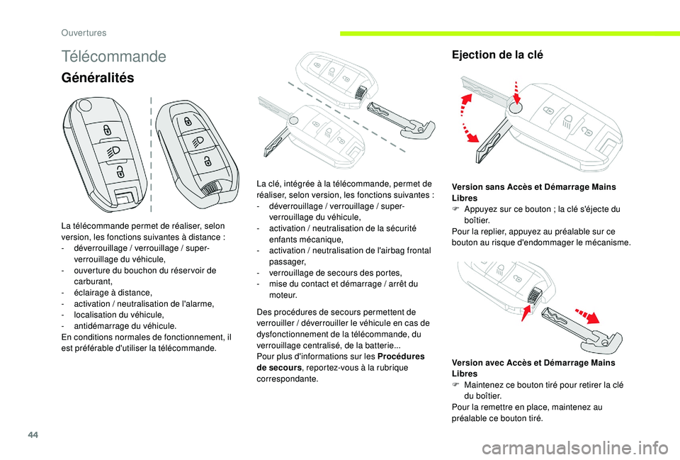 CITROEN C3 2019  Notices Demploi (in French) 44
Télécommande
Généralités
Des procédures de secours permettent de 
verrouiller / déverrouiller le véhicule en cas de 
dysfonctionnement de la télécommande, du 
verrouillage centralisé, de