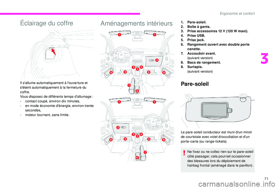 CITROEN C3 2019  Notices Demploi (in French) 71
Éclairage du coffre
Il s'allume automatiquement à l'ouverture et 
s'éteint automatiquement à la fermeture du 
coffre.
Vous disposez de différents temps d'allumage  :
-
 
c
 ont