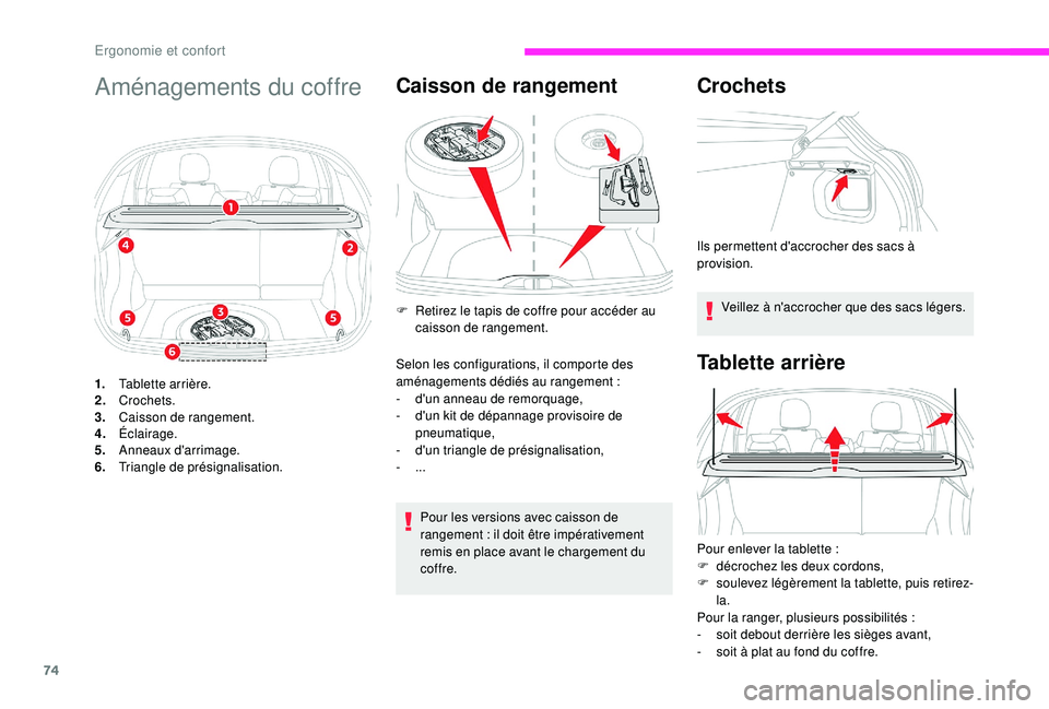CITROEN C3 2019  Notices Demploi (in French) 74
Aménagements du coffre 
1.Tablette arrière.
2. Crochets.
3. Caisson de rangement.
4. Éclairage.
5. Anneaux d'arrimage.
6. Triangle de présignalisation.
Caisson de rangement
Pour les version