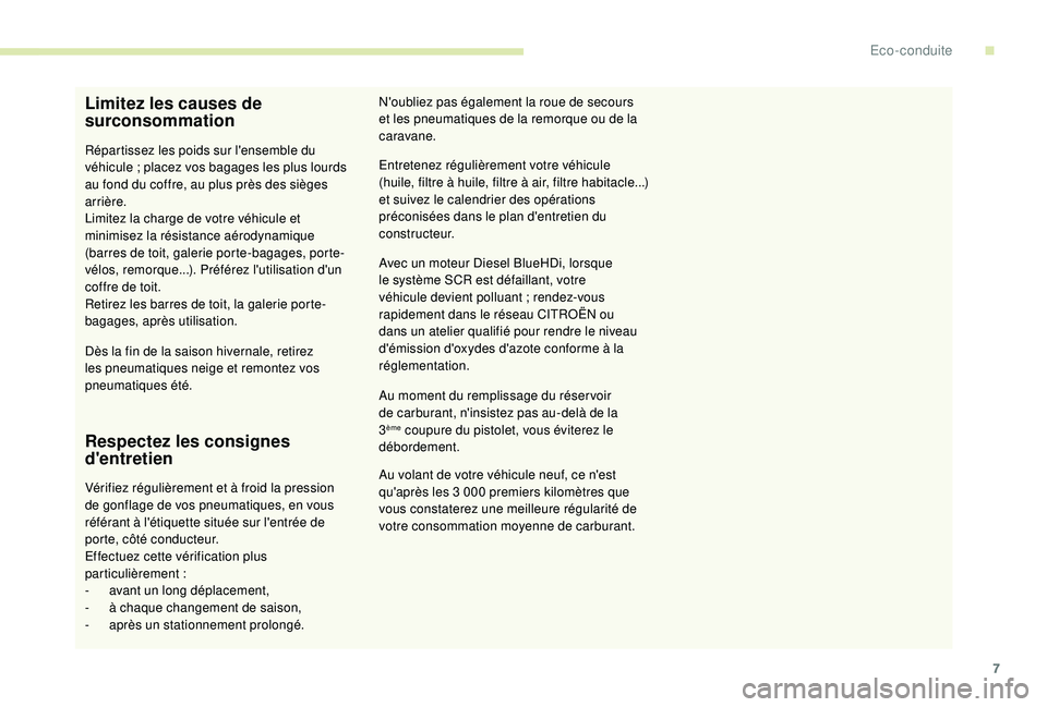 CITROEN C3 2019 Notices Demploi (in French) 7
Limitez les causes de
surconsommation
Répartissez les poids sur l'ensemble du
véhicule ; placez vos bagages les plus lourds
au fond du coffre, au plus près des sièges
arrière.
Limitez CITROEN C3 2019 Notices Demploi (in French) 7
Limitez les causes de
surconsommation
Répartissez les poids sur l'ensemble du
véhicule ; placez vos bagages les plus lourds
au fond du coffre, au plus près des sièges
arrière.
Limitez