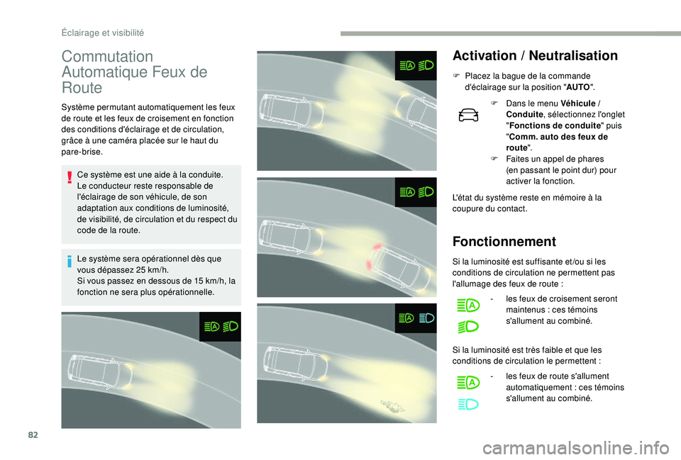 CITROEN C3 2019  Notices Demploi (in French) 82
Commutation 
Automatique Feux de 
Route
Système permutant automatiquement les feux 
de route et les feux de croisement en fonction 
des conditions d'éclairage et de circulation, 
grâce à un