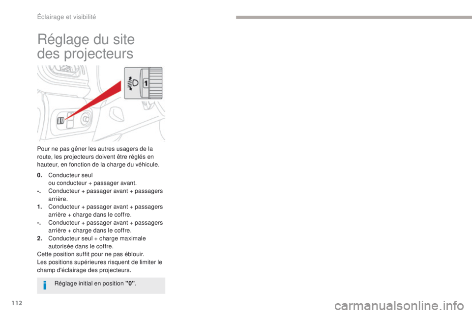 CITROEN C3 2017  Notices Demploi (in French) 112
Réglage du site 
des
 
projecteurs
Pour ne pas gêner les autres usagers de la 
route, les projecteurs doivent être réglés en 
hauteur, en fonction de la charge du véhicule.
0.
 C

onducteur 