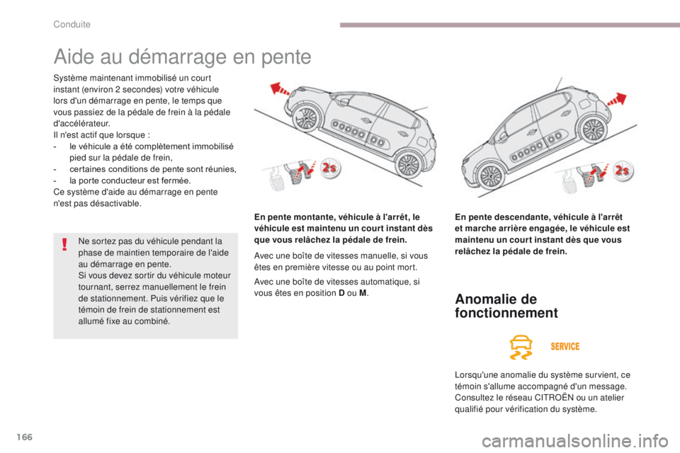 CITROEN C3 2017  Notices Demploi (in French) 166
Aide au démarrage en pente
Système maintenant immobilisé un court 
instant (environ 2 secondes) votre véhicule 
lors d'un démarrage en pente, le temps que 
vous passiez de la pédale de f