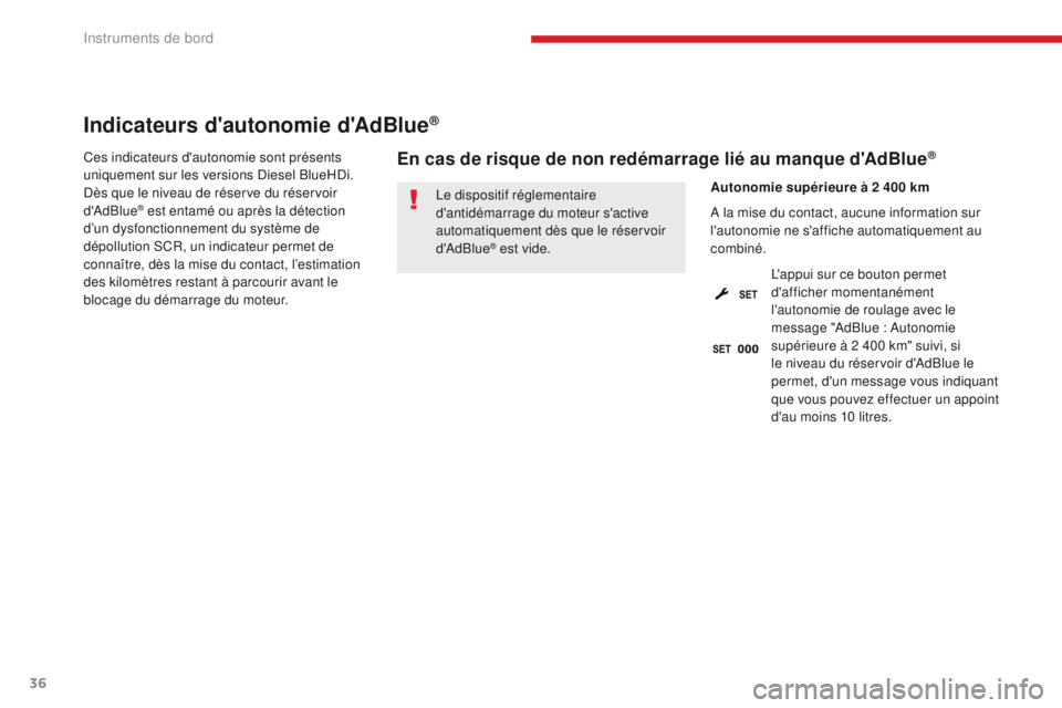 CITROEN C3 2017  Notices Demploi (in French) 36
Indicateurs d'autonomie d'AdBlue®
Ces indicateurs d'autonomie sont présents 
uniquement sur les versions Diesel BlueHDi.
Dès que le niveau de réserve du réservoir 
d'AdBlue
® 