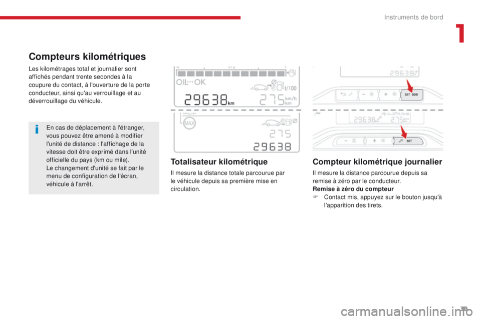 CITROEN C3 2017  Notices Demploi (in French) 39
Compteurs kilométriques
Les kilométrages total et journalier sont 
affichés pendant trente secondes à la 
coupure du contact, à l'ouverture de la porte 
conducteur, ainsi qu'au verroui