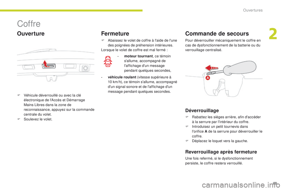 CITROEN C3 2017  Notices Demploi (in French) 69
Coffre
F Véhicule déverrouillé ou avec la clé électronique de l'Accès et Démarrage 
Mains Libres dans la zone de 
reconnaissance, appuyez sur la commande 
centrale du volet.
F
 
S
 oulev