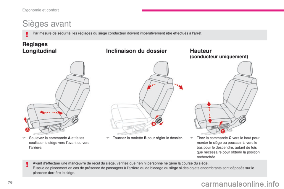 CITROEN C3 2017  Notices Demploi (in French) 76
Sièges avant
F Soulevez la commande A et faites coulisser le siège vers l'avant ou vers 
l'arrière. F
 T irez la commande C vers le haut pour 
monter le siège ou poussez-la vers le 
bas