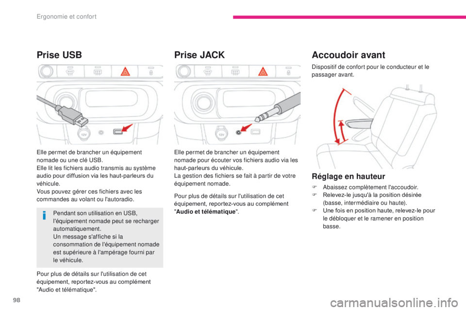 CITROEN C3 2017  Notices Demploi (in French) 98
Prise JACK
Prise USB
Pour plus de détails sur l'utilisation de cet 
équipement, reportez-vous au complément 
" Audio et télématique ".
Pendant son utilisation en USB, 
l'équip