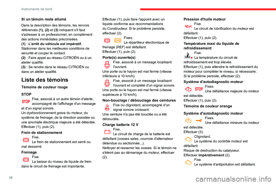 CITROEN C3 AIRCROSS 2021  Notices Demploi (in French) 10
Instruments de bord
Si un témoin reste allumé
Dans la description des témoins, les renvois 
référencés (1), (2) et (3) indiquent s'il faut 
s'adresser à un professionnel, en complém