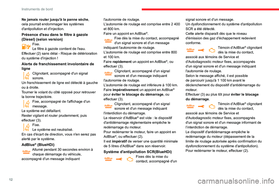 CITROEN C3 AIRCROSS 2021  Notices Demploi (in French) 12
Instruments de bord
Ne jamais rouler jusqu'à la panne sèche, 
cela pourrait endommager les systèmes 
d'antipollution et d'injection.
Présence d'eau dans le filtre à gazole 
(Di
