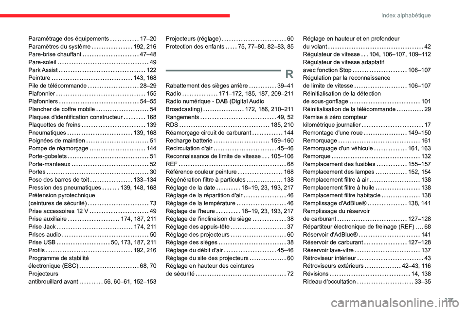 CITROEN C3 AIRCROSS 2021  Notices Demploi (in French) 225
Index alphabétique
Paramétrage des équipements   17–20Paramètres du système   192, 216Pare-brise chauffant   47–48Pare-soleil   49Park Assist   122Peinture   143, 168Pile de télécommand