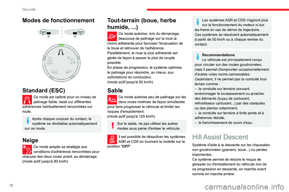 CITROEN C3 AIRCROSS 2021  Notices Demploi (in French) 70
Sécurité
Modes de fonctionnement 
  
 
Standard (ESC)
Ce mode est calibré pour un niveau de patinage faible, basé sur différentes 
adhérences habituellement rencontrées sur 
route.
Après ch