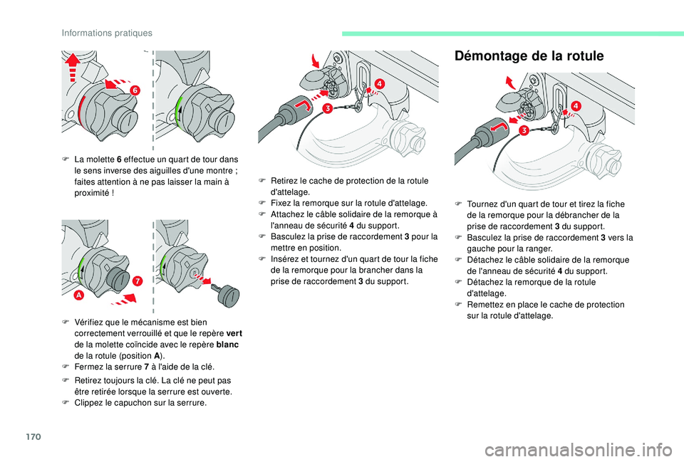 CITROEN C3 AIRCROSS 2019  Notices Demploi (in French) 170
F La molette 6 effectue un quart de tour dans le sens inverse des aiguilles d'une montre   ; 
faites attention à ne pas laisser la main à 
proximité
 

!
F
 
V
 érifiez que le mécanisme e