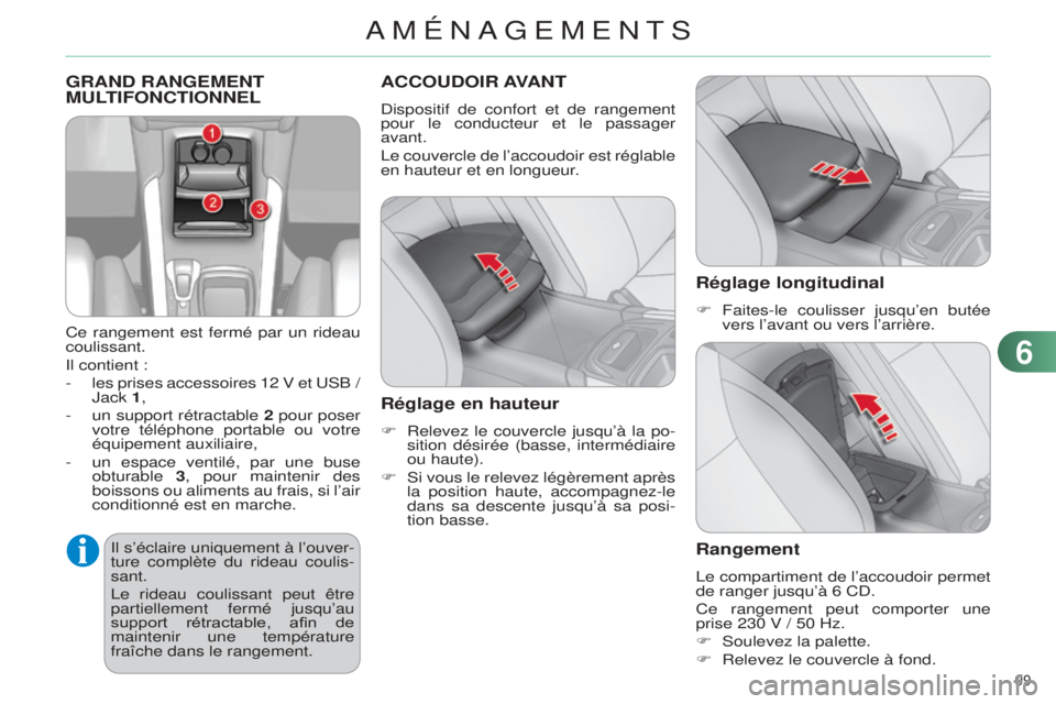 CITROEN C4 2014  Notices Demploi (in French) 99 
GRAND RANGEMENT MULTIFONCTIONNEL
Ce rangement est fermé par un rideau 
coulissant.
i

l contient :
-
 
les prises accessoires 12 V et 
 us B  
/ 
Jack 

1,
-
 
un support rétractable 
 2 pour po
