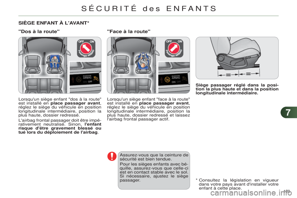 CITROEN C4 2014  Notices Demploi (in French) 77
109 
Siège passager réglé dans la posi-
tion la plus haute et dans la position 
longitudinale intermédiaire.
SIèGE ENFANT à L'AVANT*
"Dos à la route" "Face à la route"
l