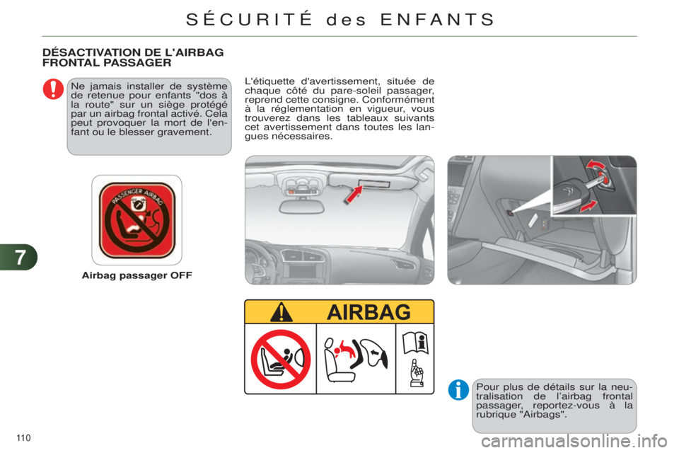 CITROEN C4 2014  Notices Demploi (in French) 77
110 
Airbag passager OFF
n

e jamais installer de système 
de retenue pour enfants "dos à 
la route" sur un siège protégé 
par un airbag frontal activé. Cela 
peut provoquer la mort d
