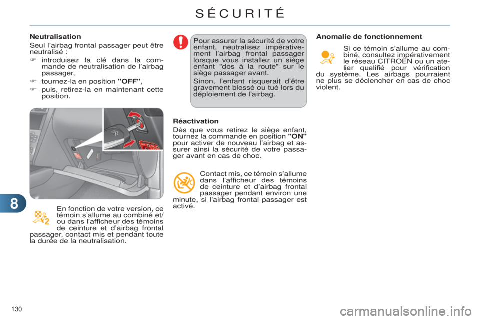 CITROEN C4 2014  Notices Demploi (in French) 88
130 
Neutralisation
s
eul l’airbag frontal passager peut être 
neutralisé :
F
 
introduisez la clé dans la com
 -
mande de neutralisation de l’airbag 
passager,
F
 
tournez-la en position 
 