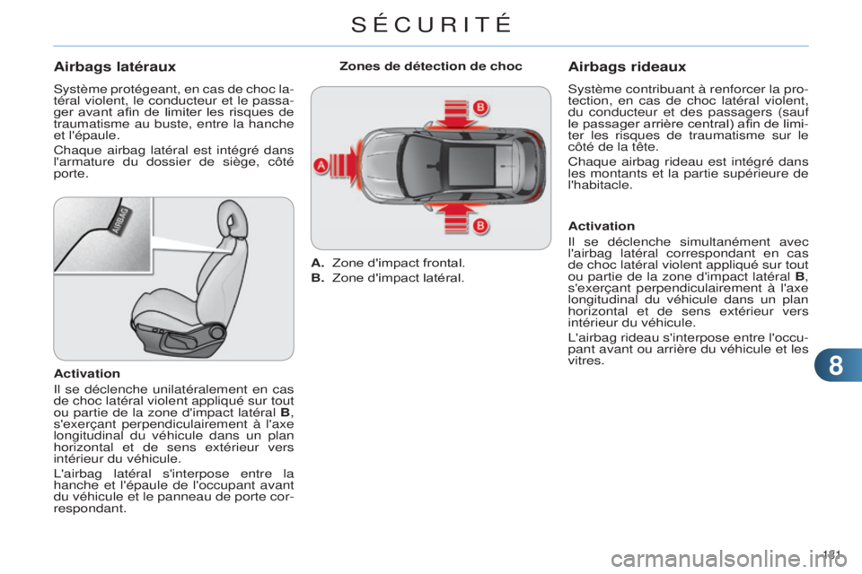 CITROEN C4 2014  Notices Demploi (in French) 88
131 
Airbags latéraux
système protégeant, en cas de choc la-
téral violent, le  conducteur et le passa-
ger  avant  afin  de  limiter  les  risques  de 
traumatisme au buste, entre la hanche 
e