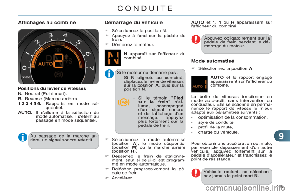 CITROEN C4 2014  Notices Demploi (in French) 99
145 
Affichages au combiné
Positions du levier de vitesses
N.  n eutral (Point mort).
R.
 
Reverse (Marche arrière).
1 2 3 4 5 6.

 
Rapports en mode sé
 -
quentiel.
AUTO.
  i l s'allume à 