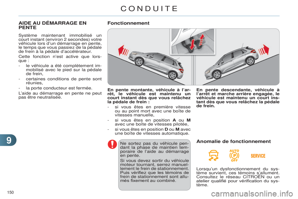 CITROEN C4 2014  Notices Demploi (in French) 99
150 
AIDE AU  DÉMARRAGE   EN  PENTE
système maintenant immobilisé un 
court instant (environ  2 secondes) votre 
véhicule lors d’un démarrage en pente, 
le temps que vous passiez de la péda