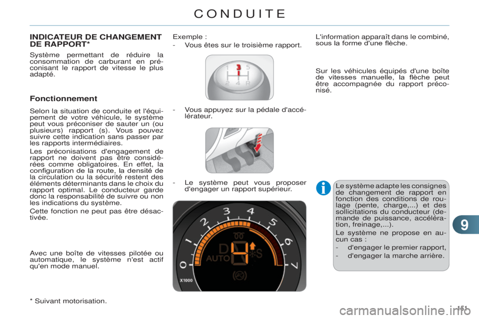 CITROEN C4 2014  Notices Demploi (in French) 99
151 
INDICATEUR DE CHANGEMENT DE  RAPPORT *
Fonctionnement
selon la situation de conduite et l'équi-
pement de votre véhicule, le système 
peut vous préconiser de sauter un (ou 
plusieurs) 