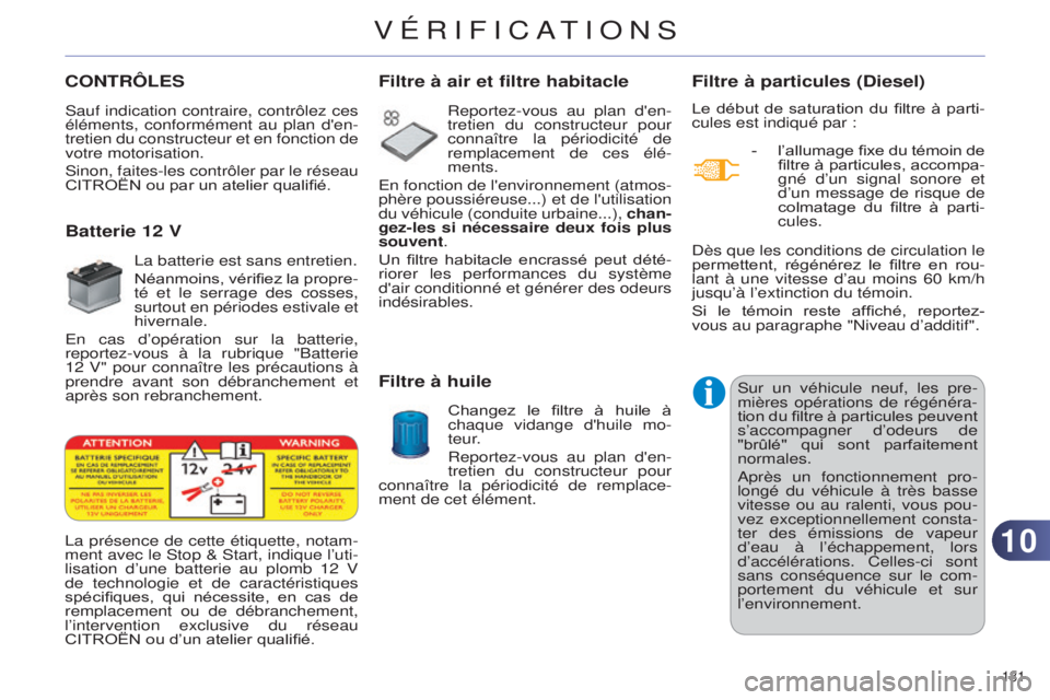 CITROEN C4 2014 Notices Demploi (in French) 1010
181
CONTRÔLESFiltre à particules (Diesel)
Le début de saturation du filtre à parti-
cules est indiqué par :-
l’allumage
fixe du témoin de
filtre à particules, accompa-
gné CITROEN C4 2014 Notices Demploi (in French) 1010
181
CONTRÔLESFiltre à particules (Diesel)
Le début de saturation du filtre à parti-
cules est indiqué par :-
l’allumage
fixe du témoin de
filtre à particules, accompa-
gné