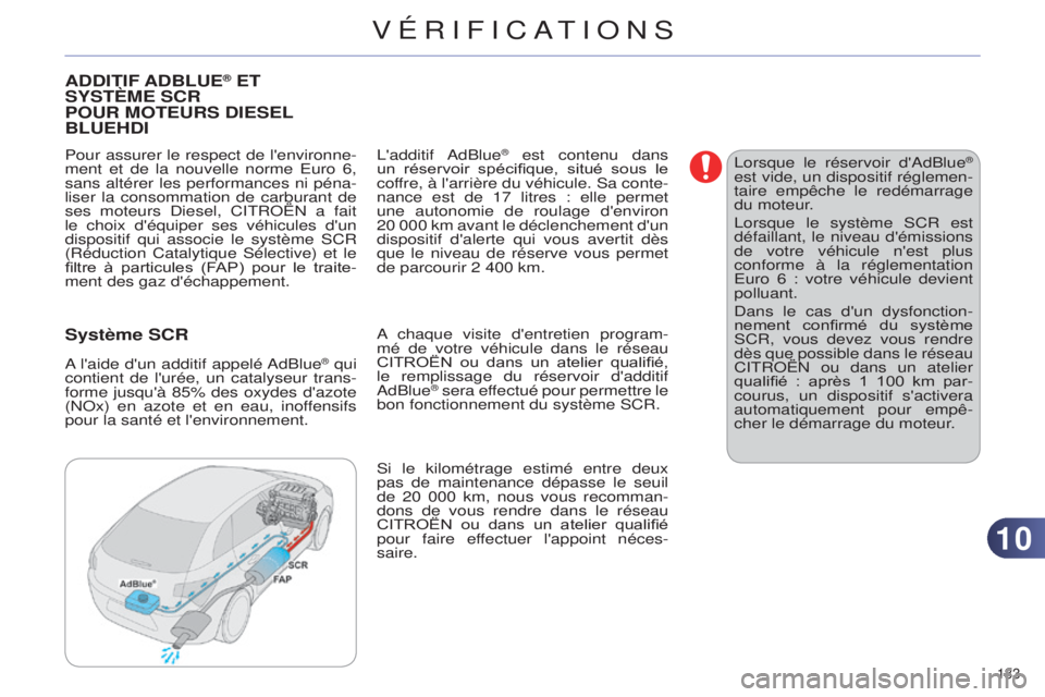 CITROEN C4 2014  Notices Demploi (in French) 1010
183 
ADDITIF ADBLUE® ET  S
y
ST
è
ME
 SCR
POUR

 
MOTEURS
 D IESEL
 
B

LUE
HD
I
Pour assurer le respect de l'environne-
ment et de la nouvelle norme  e uro 6, 
sans altérer les performanc